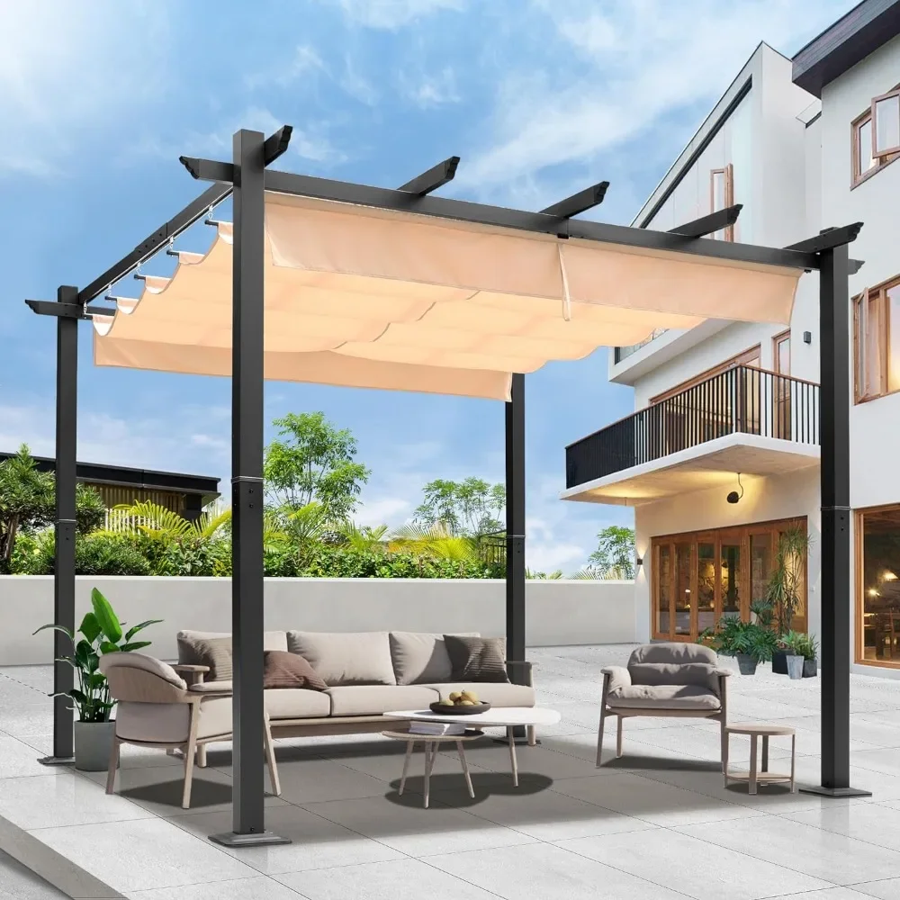 10'x10' Outdoor Pergola with Retractable Canopy, Aluminum Rain-Proof Pergolas for Patio, Yard, Backyard and Garden