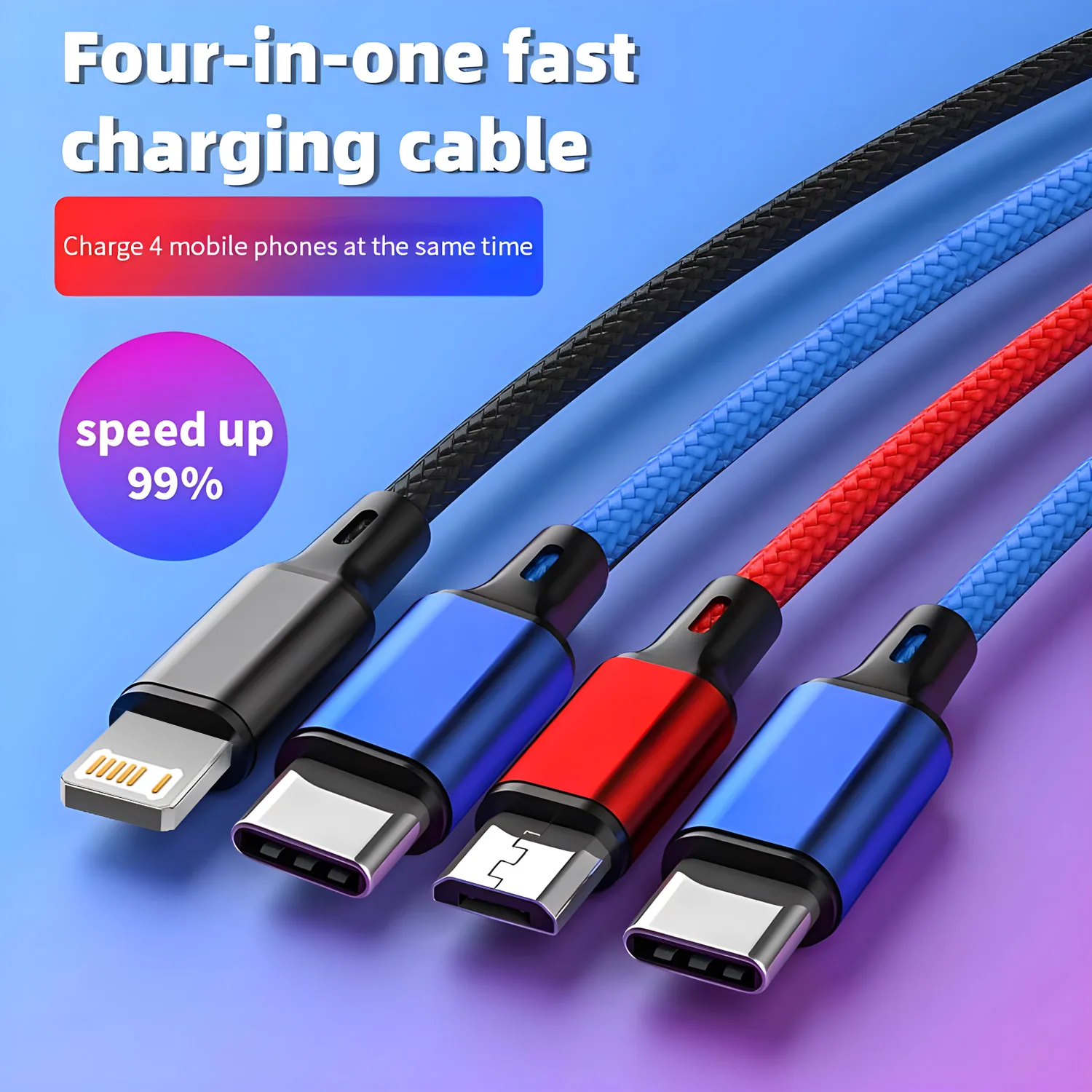 

100W 4 in 1 Multi Charger Cable For iPhone 13 12 14Pro Max Micro USB Type C Fast Charging Cable for Samsung Galaxy Xiaomi