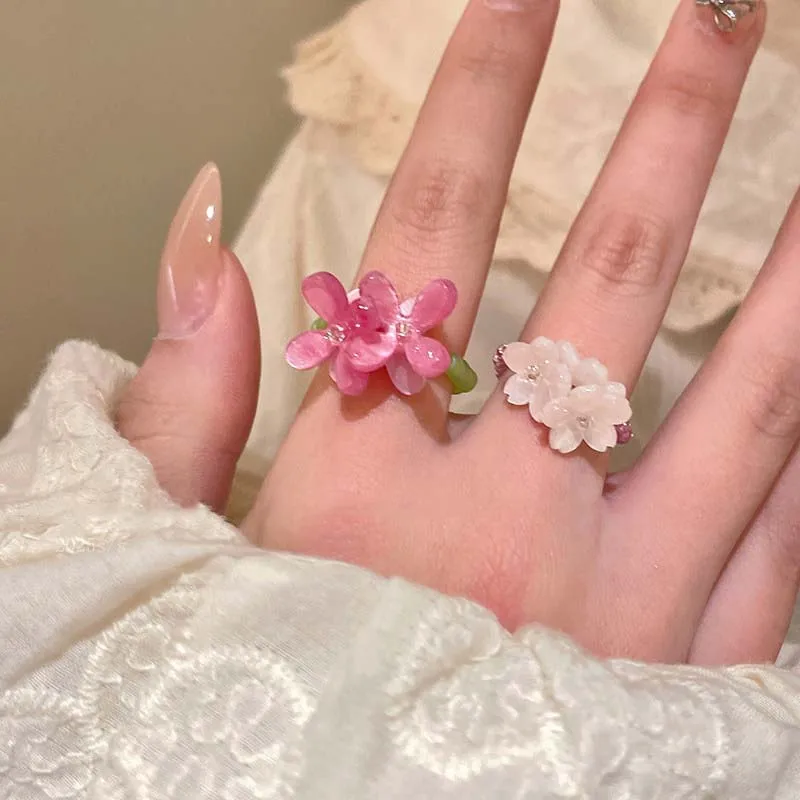 New Romantic Cute Violet Flower Ring Spring Summer Elastic Beaded Rings for Women Friends Korea Finger Jewelry Accessories Gift