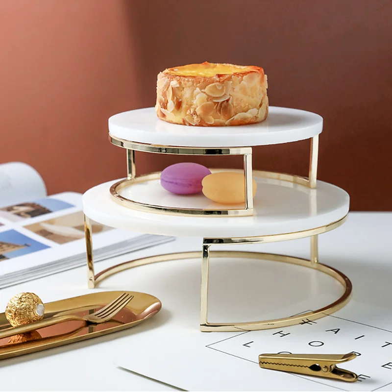 Nordic Style Natural Marble Cake Tray Dessert Display Table Metal Base Desktop Decoration Rack Gourmet Photography Tools