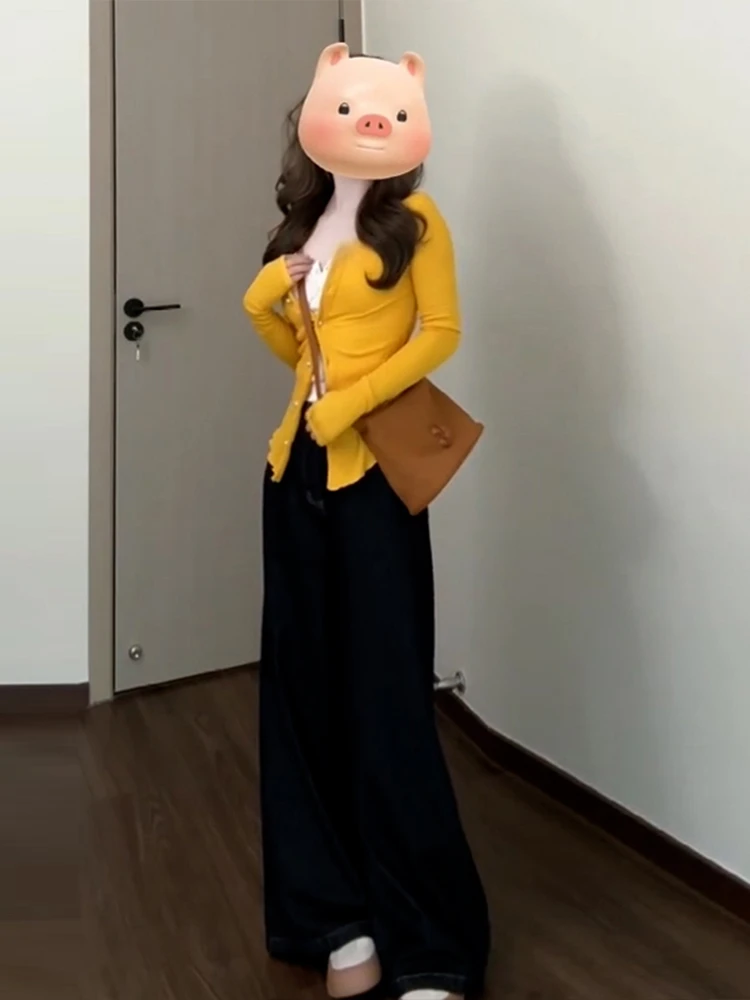 Korean Sle Yellow Knitted Open Cardigan Women's Autumn Winter Slim Fit Long Sve Base irt Inner Wear Soft Polyester Fiber