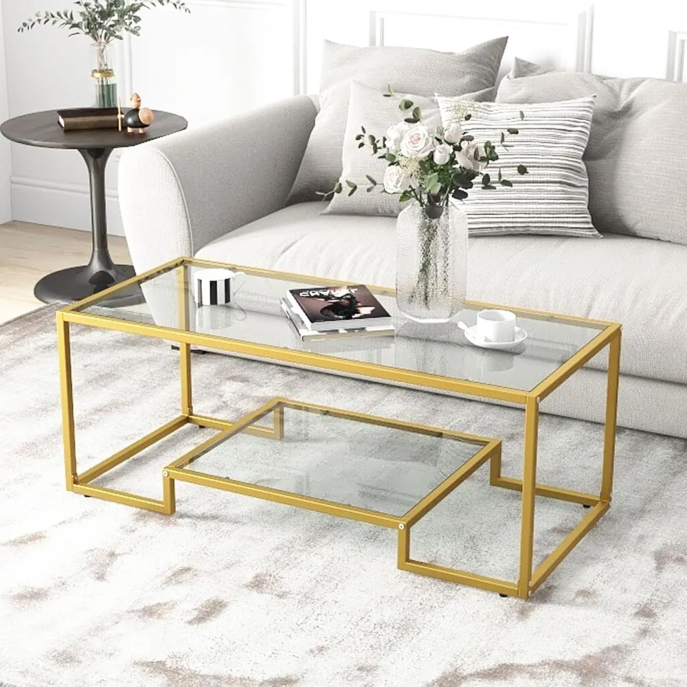 

Glass Top Coffee Table, 45'' Morden Center Table with Storage Shelf & Metal Frame, Rectangle Accent Tea Table for Living