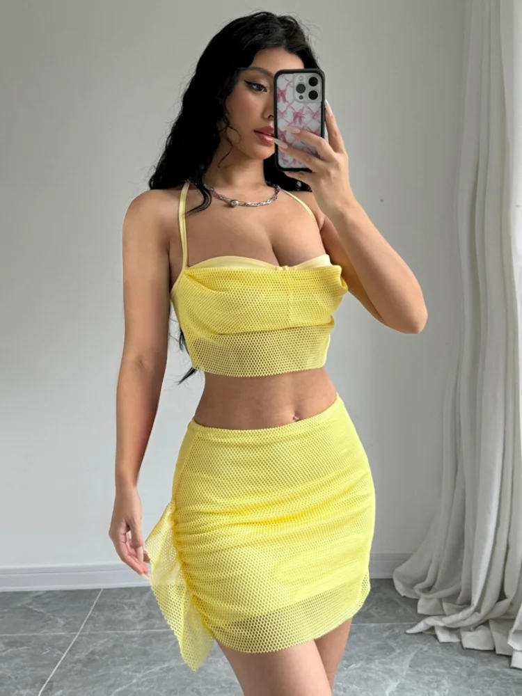 

Three Sisters Y2k Sexy Solid Color Summer Mesh Splicing Chest Wrapped Skirt Two-piece Set Fashion Casual Comfort Set Wholesale