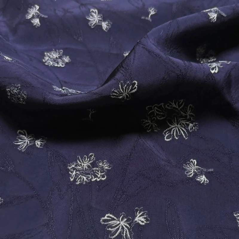 Navy Tiny Floral Lustrous Mercerized Linen Jacquard Fabric Opaque Soft Breathable Summer for Shirt Dress Pants DIY Sewing