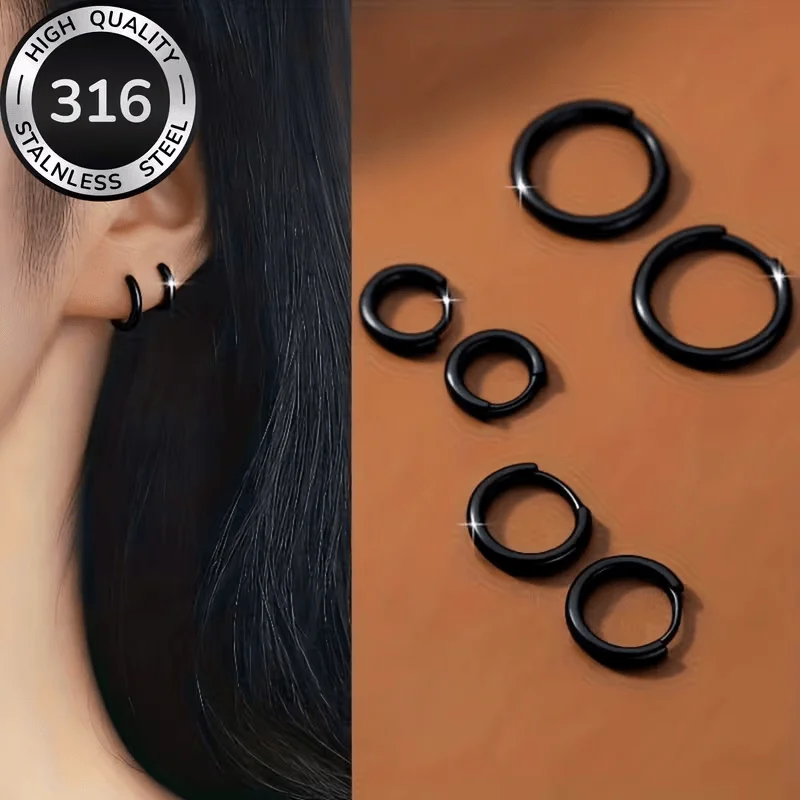 3Pairs of Six Black Polished Stainless Steel Hoop Earrings Trendy Punk Style