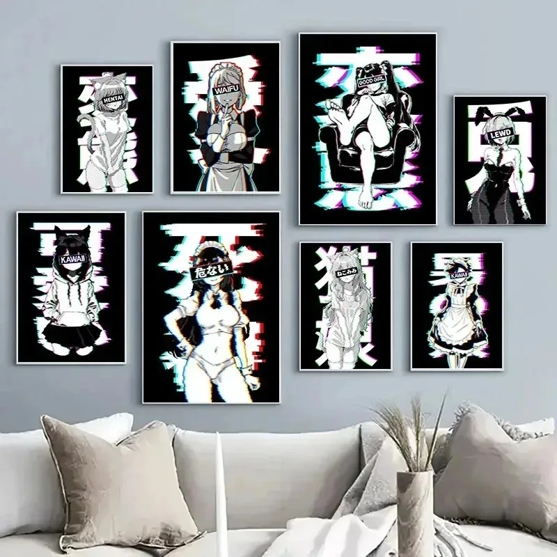 Black and White Anime Girl Sexy Figure Waifu Material Posters Canvas Painting Wall Art Picture for Bedroom Home Decor