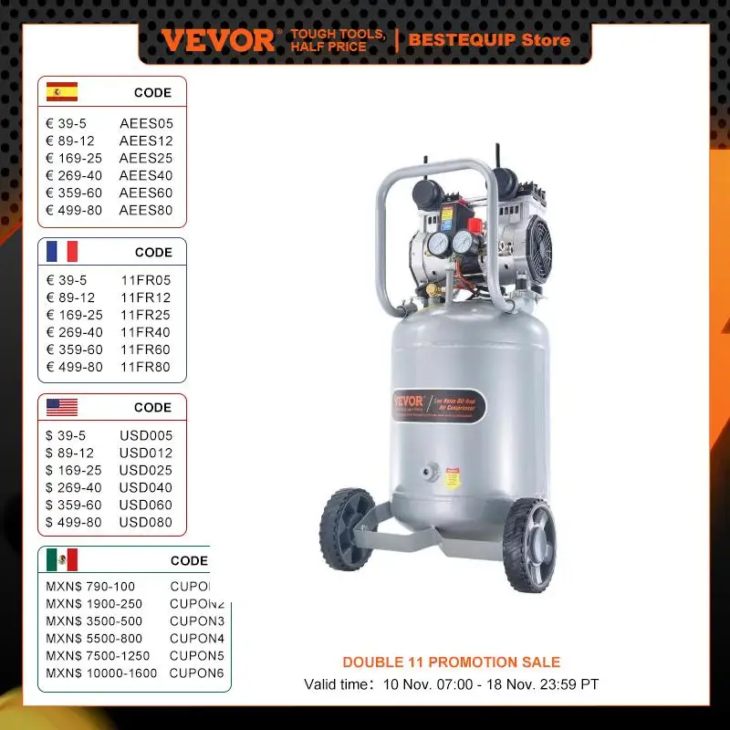 VEVOR 13 Gallon Air Compressor 2HP Oil Free Air Compressor Tank with 125PSI Max Pressure for Tire Inflation Auto Repair Painting