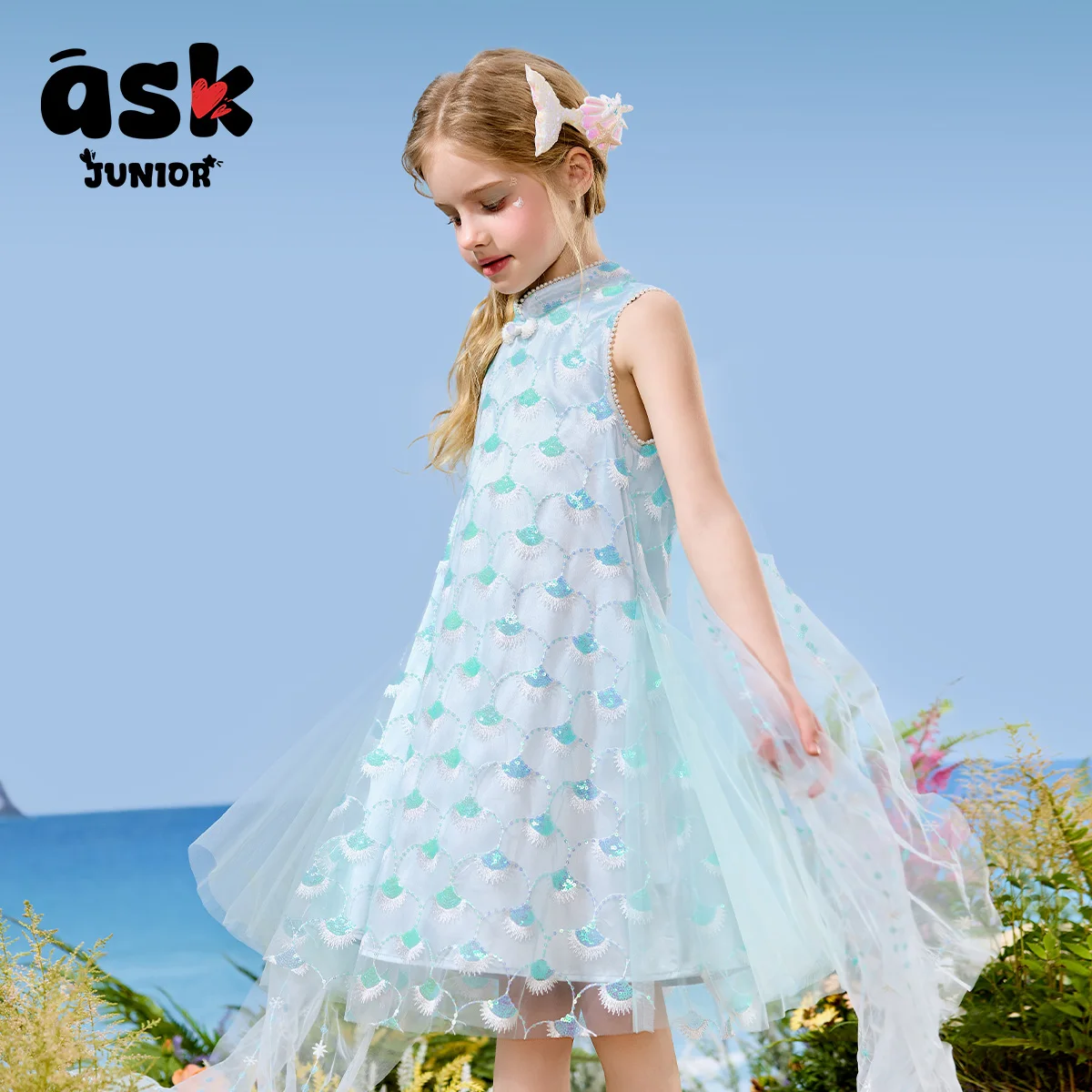 

Children's Summer Girl Blue Embroidered Mesh Sleeveless Stand-up Collar Mermaid Princess Dress