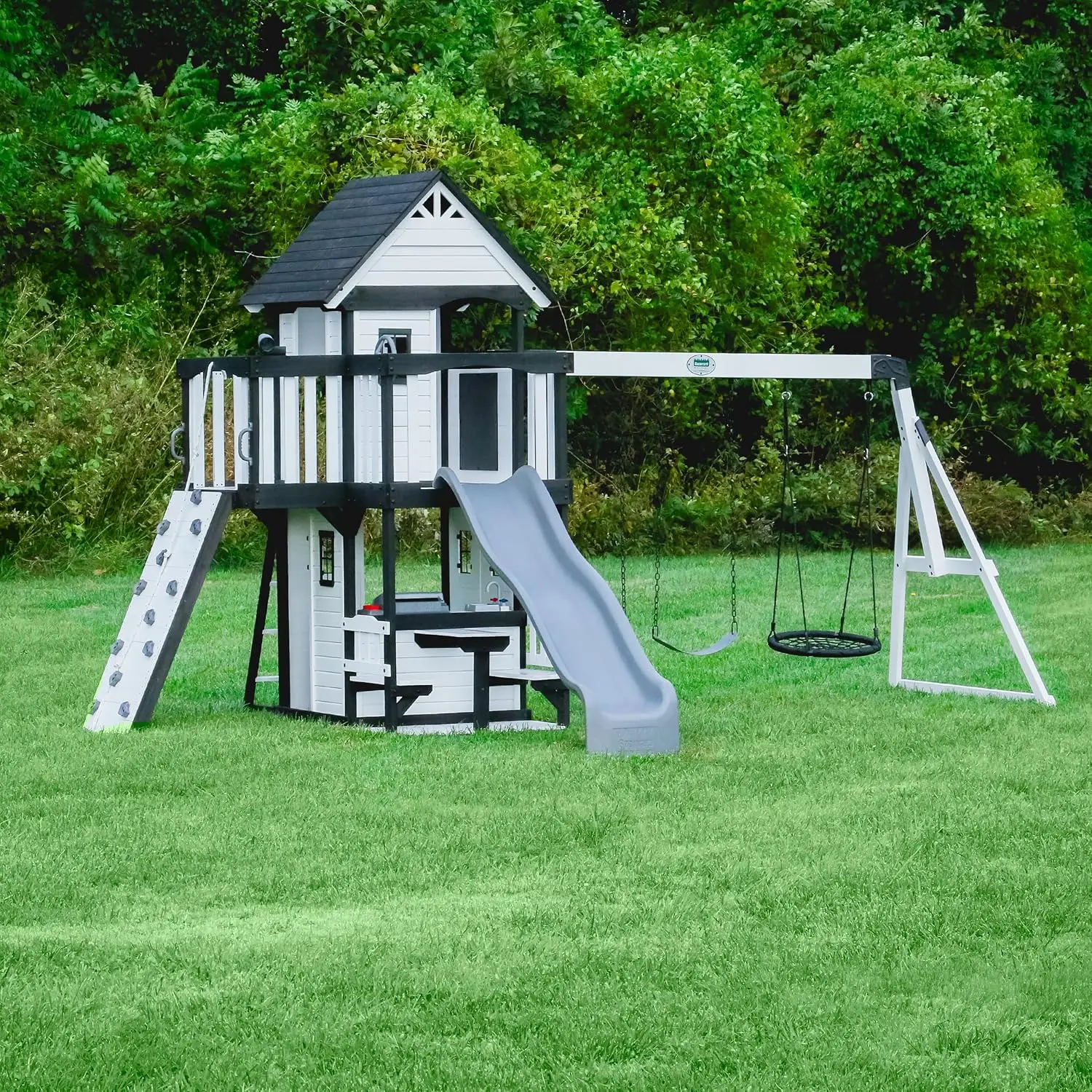 Canyon Creek White Cedar Wood Swing Set with Wave Slide, Clubhouse, Play Kitchen, Picnic Area, Belt Swings, Web Swing, Rock Wall