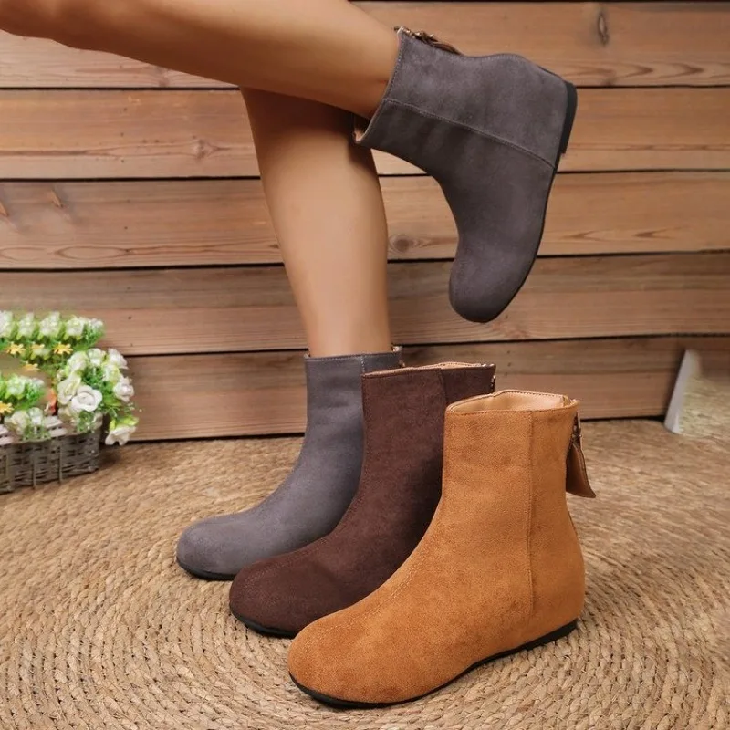 شتاء 2025 جديد الجلد المدبوغ المرأة عودة سستة الأحذية الإناث موضة منتصف الكعب الدافئة حذاء من الجلد أحذية مريحة في الهواء الطلق للنساء