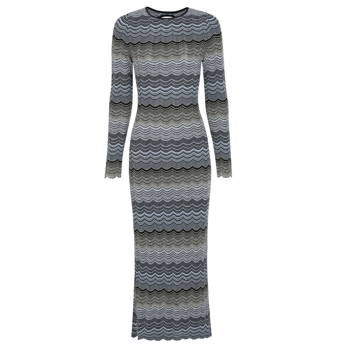 

High Quality Spring And Autumn New Long Sleeved Back Hollow Wave Pattern Slim Fit Long Stretch Knitted Women's Dress