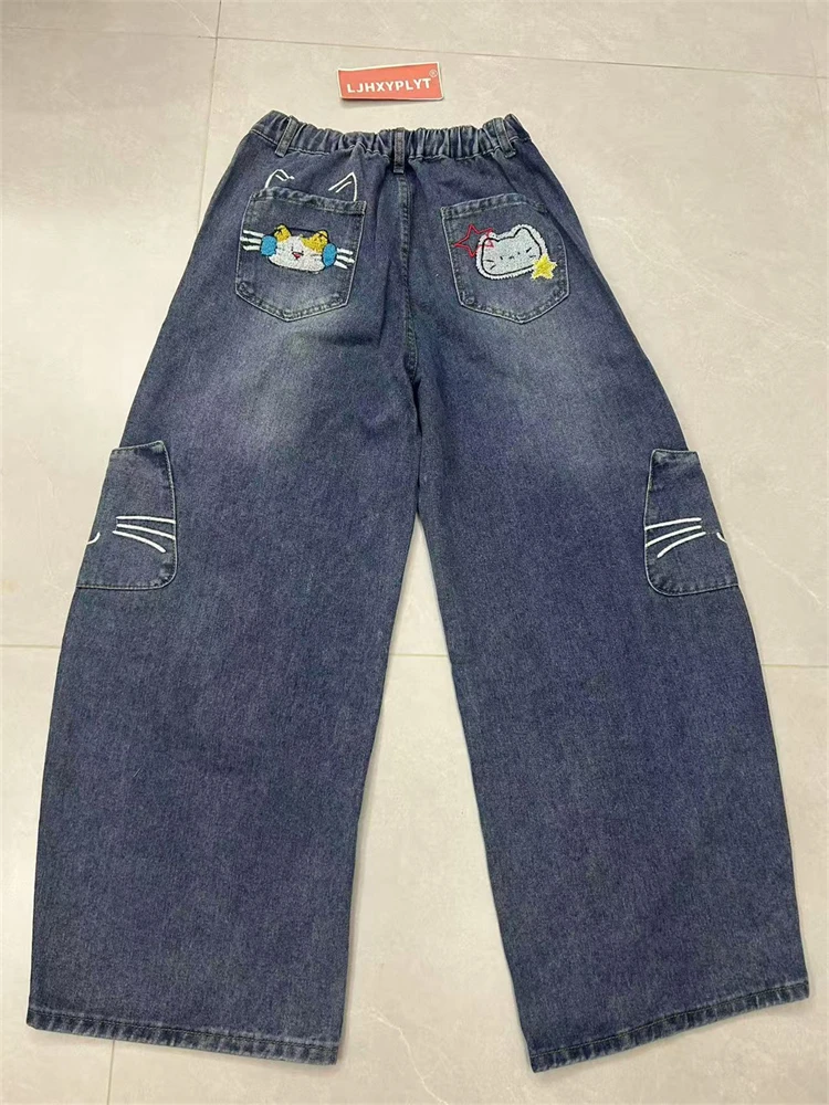 Women's Cute Embroidery Pattern Jeans Y2k Young Girl Cool Bottoms 90s Baggy Trousers Female High Waist Sweatpants Wide-leg Pants