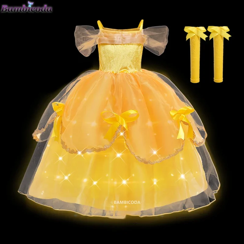 Cosplay Belle dress girls LED light up dresses for Beauty and the Beast kids party clothing magic stick crown children costume