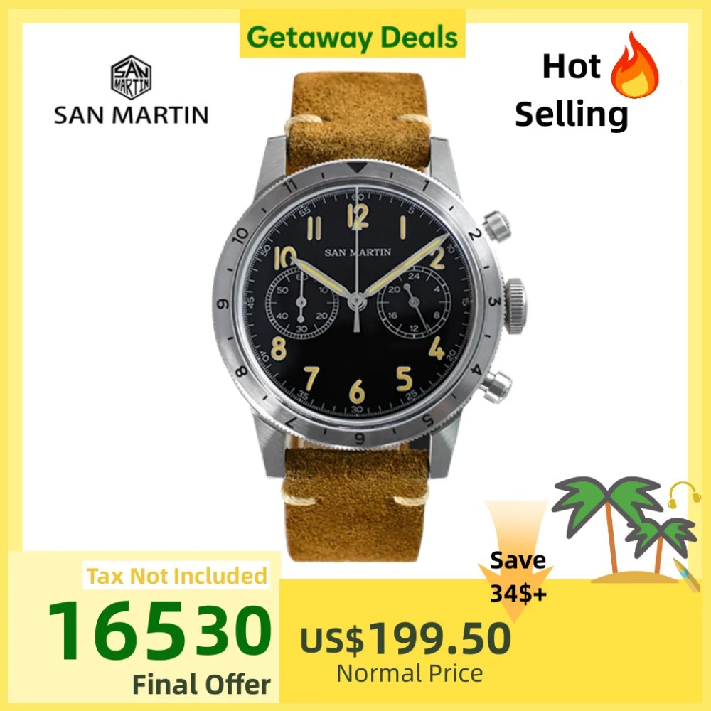 

San Martin 39.5mm VK64 Men Speed Chronograph Watch Quartz Wristwatch Vintage Suede Leather Strap Pilot 10Bar Reloj SN0127JS