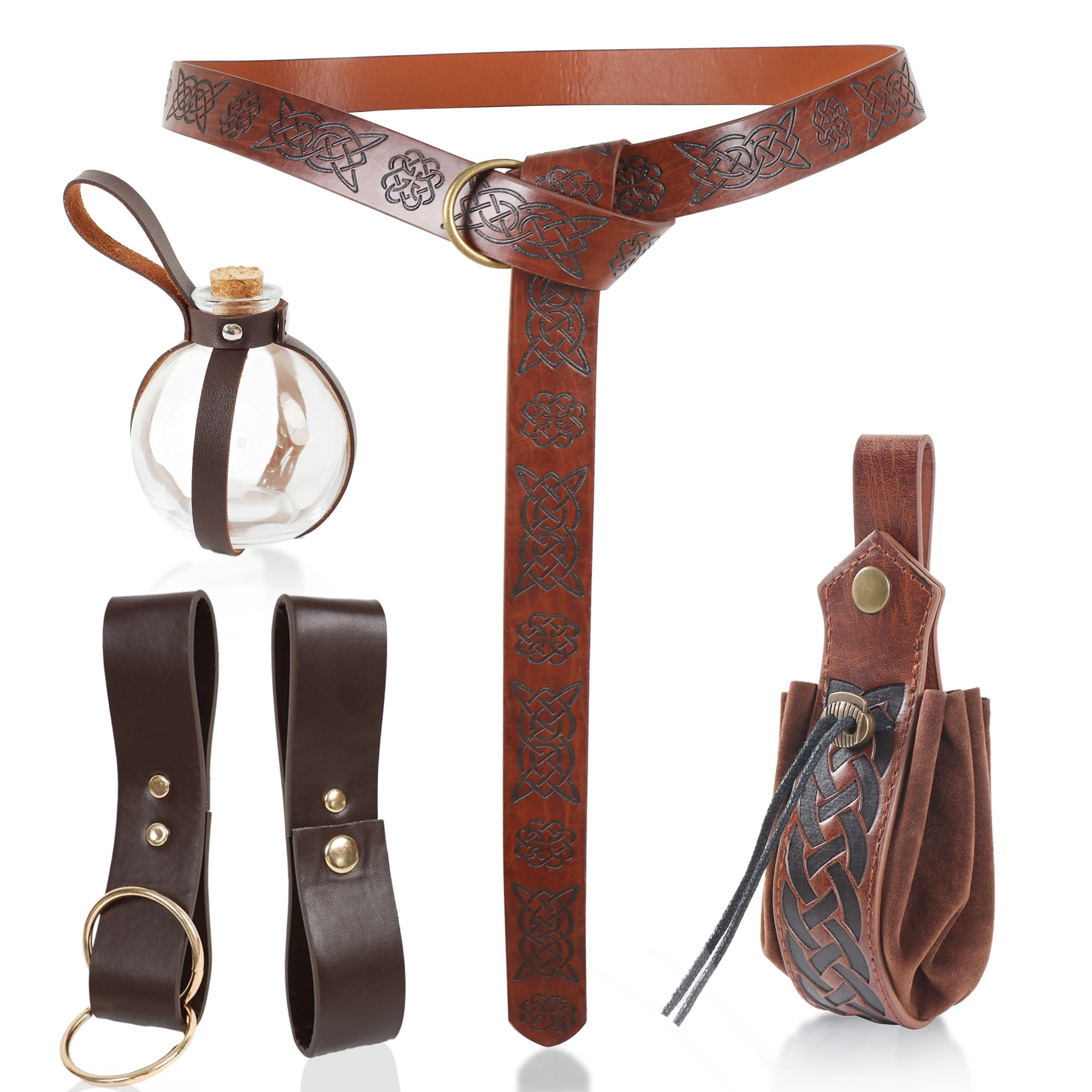 

5 шт., комплект ремней в средневековом стиле эпохи Возрождения, пояс с тиснением из искусственной кожи, поясная сумка, бутылка для зелья, идеально подходит для карнавального маскарада