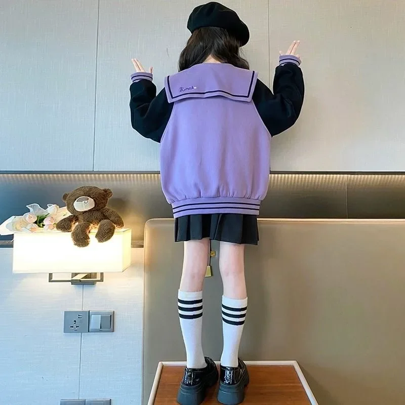 Sweet Kuromi Anime Kawaii Sanrio Ins Girls Long Sleeve Coat Skirt Set Cute Baseball Uniform Jacket Dress Clothing Gifts for Kids