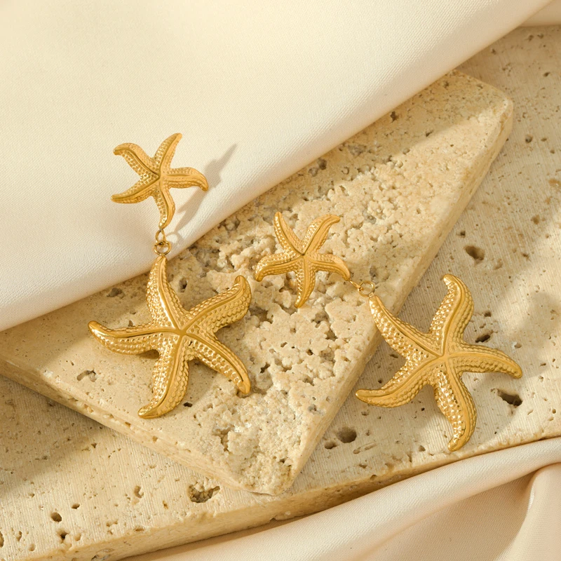 EILIECK 316L Stainless Steel Gold Color Starfish Pendant Earrings For Women Fashion Ear Dangle Waterproof Jewelry Holiday Gift