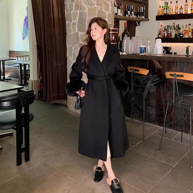 Nieuwe Natuurlijke Vossenbont Dikke Dubbelzijdige Wollen Jas Vrouwelijke Korte Herfst Winter Losse Lace-up Wollen Jassen Damesmode Overjassen