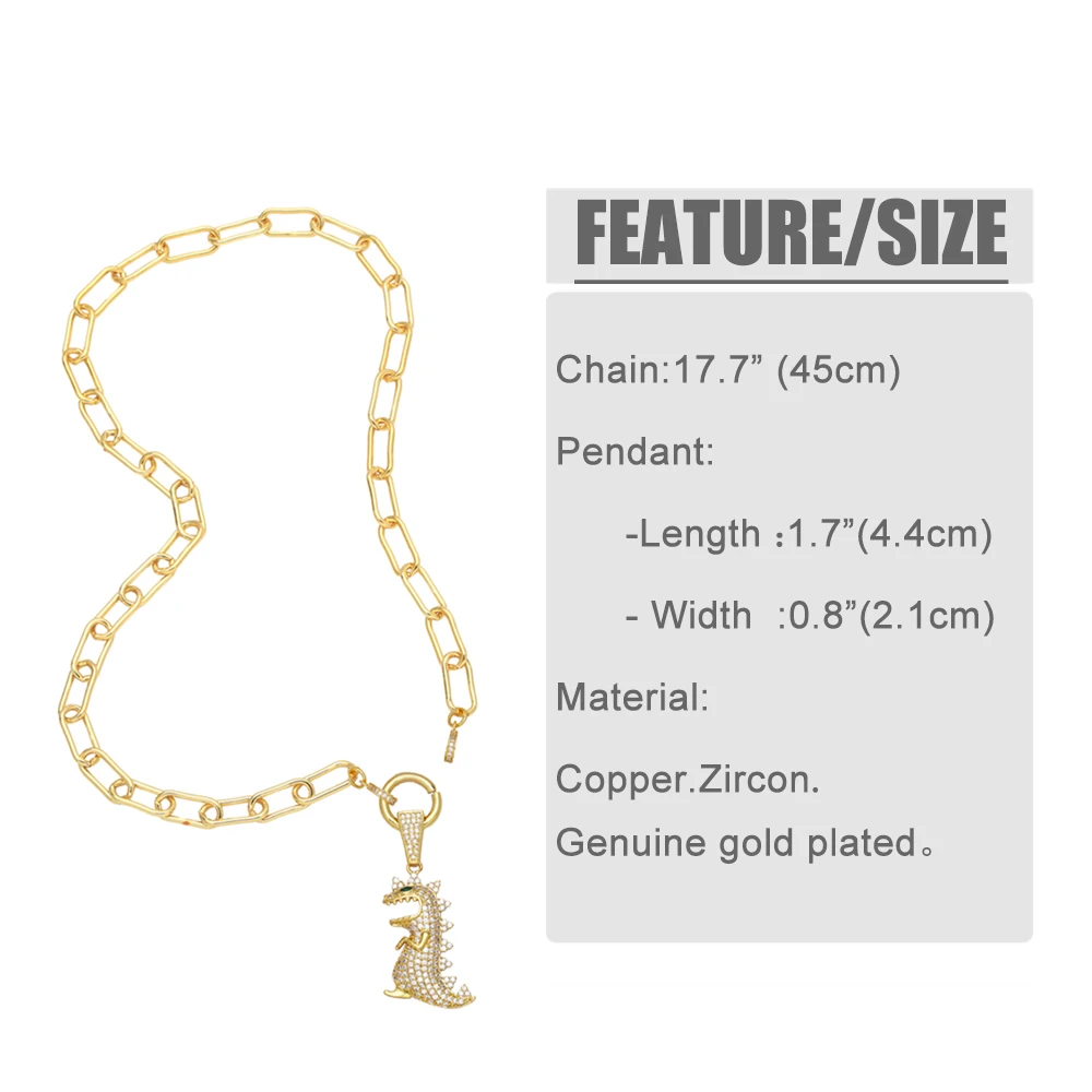 FLOLA Cuban Link Chain Eye Heart Pendant Necklace Copper Zircon White Stone Crystal Dinosaur Necklace Wholesale Jewelry nkeb048 image 3