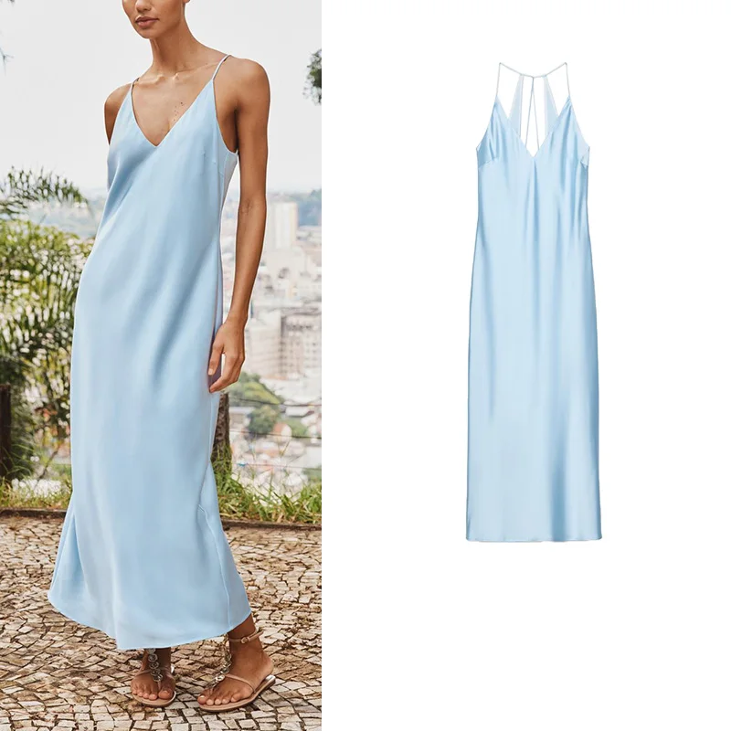 Letnia Nowa Damska Sukienka Midi z Dekoltem w Serek, z Efektem Jedwabiu i Satyny, z Wąską Talia, Długa Spódnica, Suknia