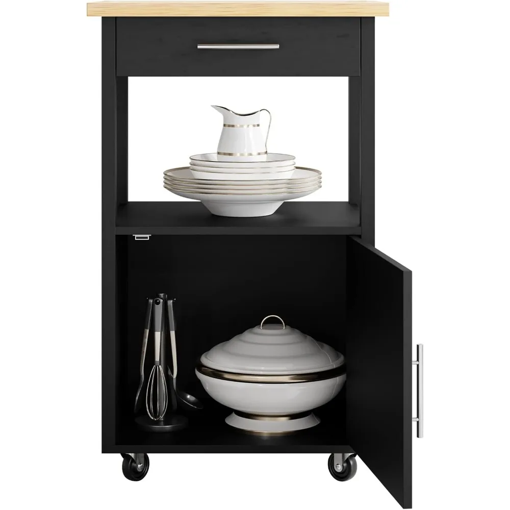 Carrinho de ilha de cozinha com armário de armazenamento, prateleiras e alça de toalheiro para organização móvel de cozinha