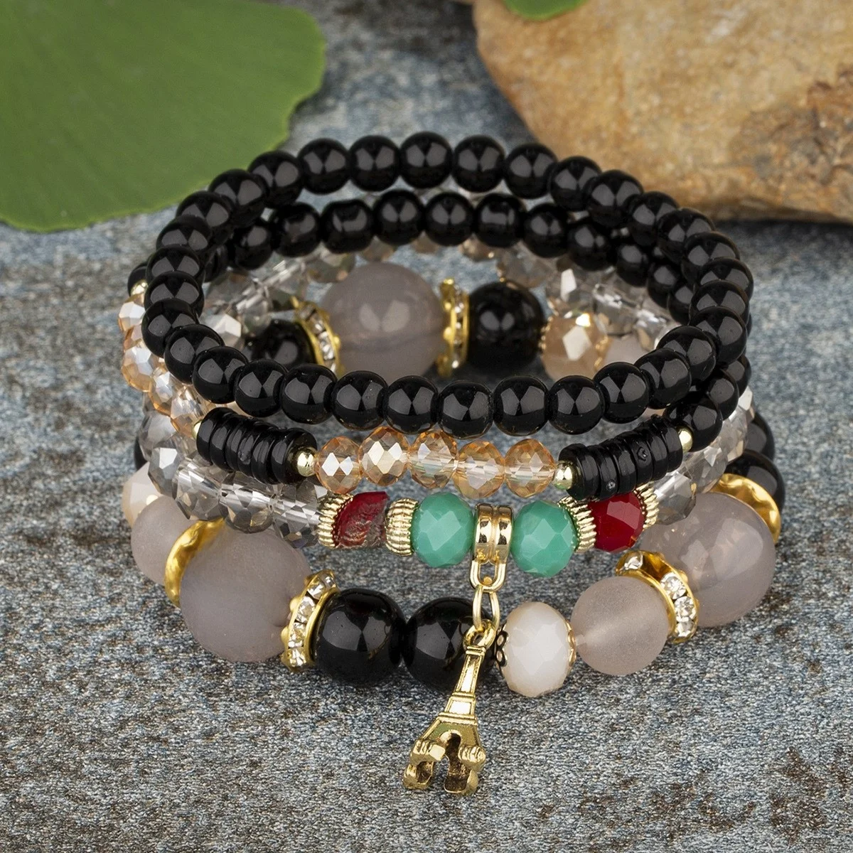 Bohemian Multi-Layer Crystal Elastic Bracelet Women's New Style Iron Tower Tassel Bracelet Beaded String Hand Chain Fashion J...