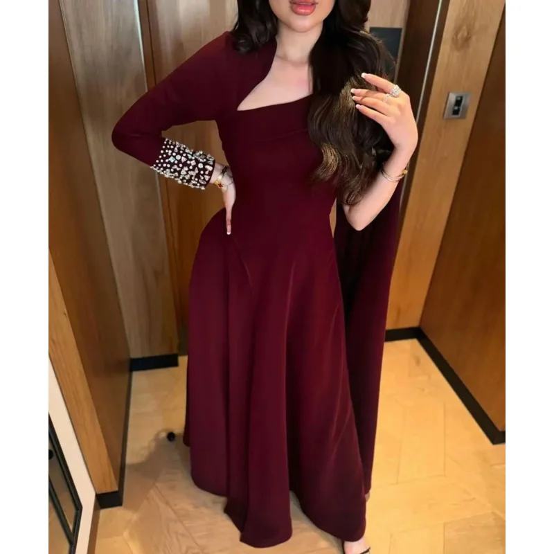 Indie Elegant Beaded Long Sleeve Evening Dress  One Shoulder customized Prom Gown Floor Length A-Line Special Occasion Dresses