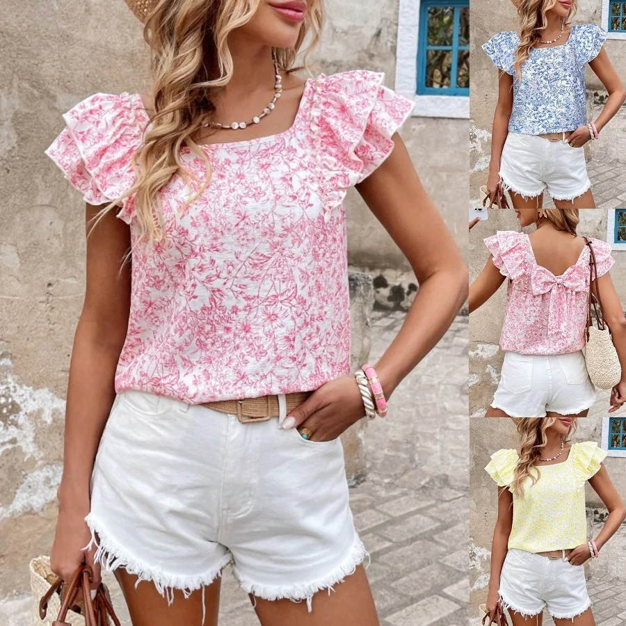 

2025 Summer Women's Shirt Pink Square Collar Bow Plant Print Blue Pullover Sweet Top Lotus Sleeve Blouses for Female