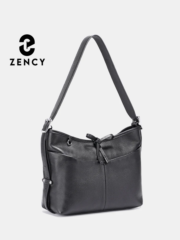 

Zency Women Handbag 2025 Soft Genuine Leather Shoulder Bag Black Underarm Bag with two Front Open Pocket one Back Zip Pocket Sac