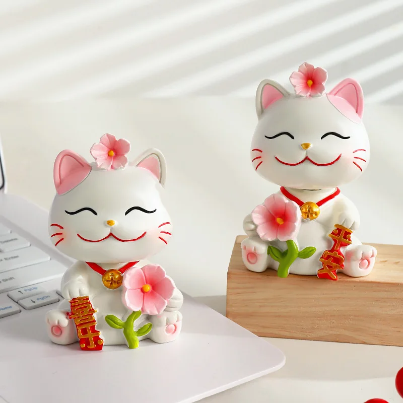 Resin Maneki Neko Cat Fortune Japanese Cat Shaking Head Animal Bobblehead Toy Car Dashboard Decoration Ornament