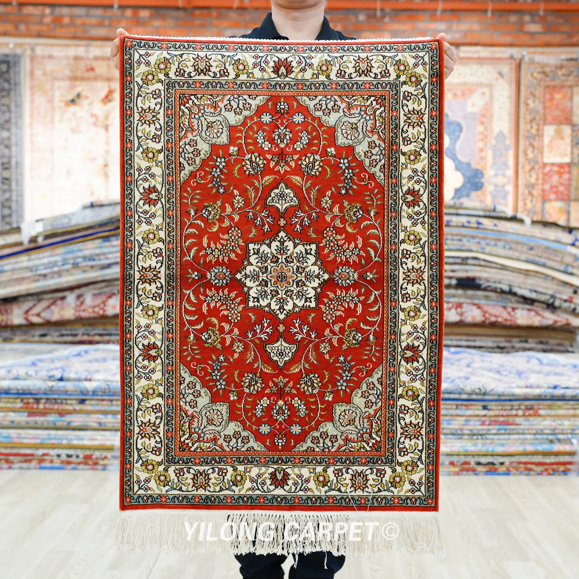 61x91cm Persian Silk Carpet Red Handmade Exquisite Turkish Rug Patterns (SLF150B)