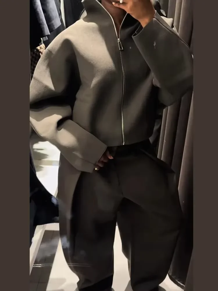 Women Casual Knitted Coat Solid Stand Collar Full Sleeve Zipper Loose Cropped Coats 2026 Female Daily Commute Fashion Outerwear