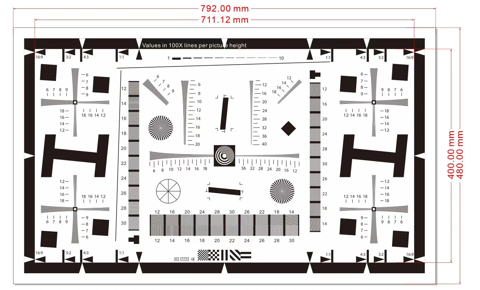 ISO12233 QS The Highest Resolution Line Can Measure 4000 LW/PH Test Chart Camera Webcam Resolution Reflective 711X400X0.25mm