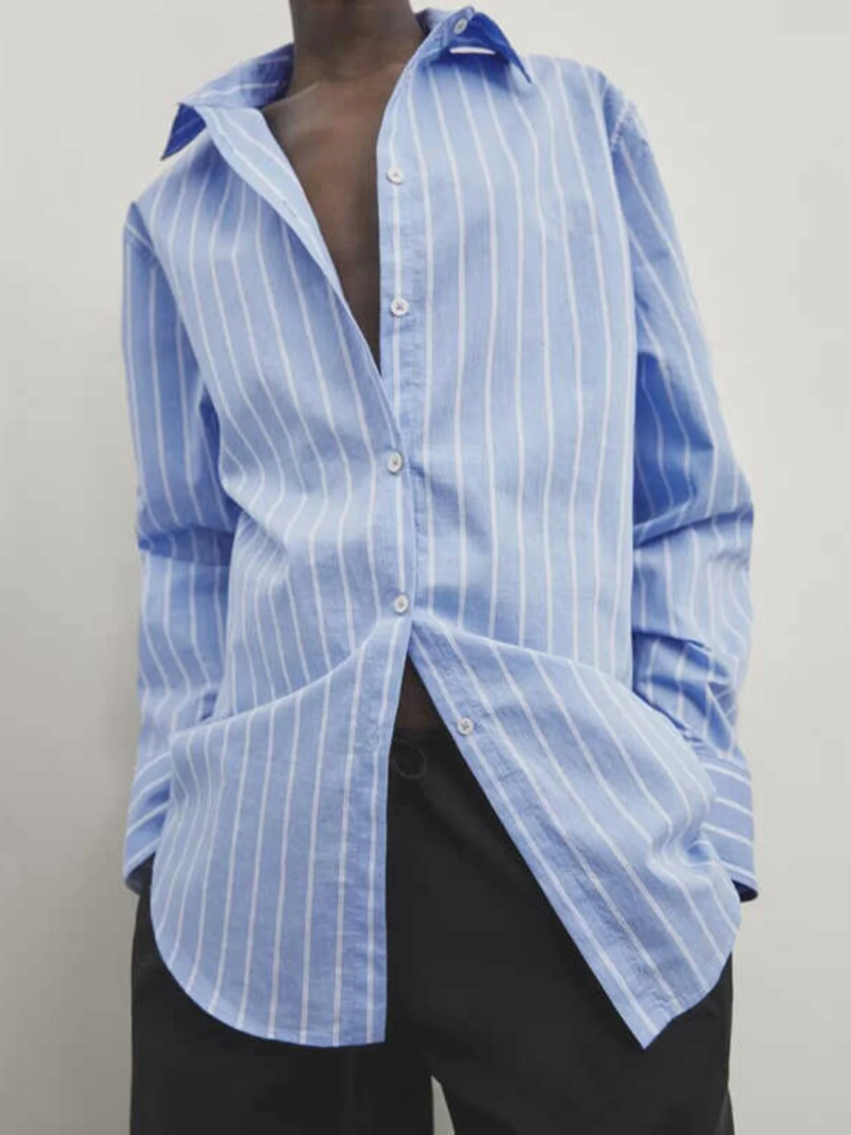 Nieuwe lente zomer losse casual blauw gestreepte lange Sve katoen irt voor dames woon-werkverkeer Franse Sle rechte kraag