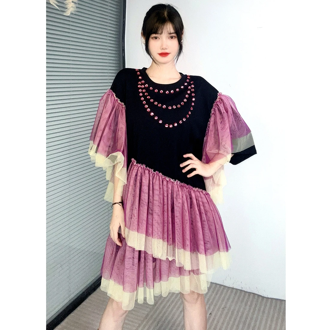 Summer Mesh Spliced Ruffles T-Shirts Dress Contrast Color Multi-Layers Lotus Edge Gauze Patchwork Pleated Tees Dress Vestidos