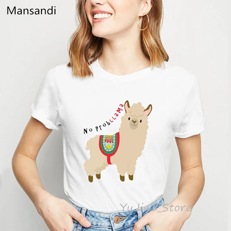 

Women Clothes 2024 Summer Harajuku Kawaii Alpaca Llama Animal Print Haut Femme White Cartoon T Shirt Camiseta Mujer Tshirt