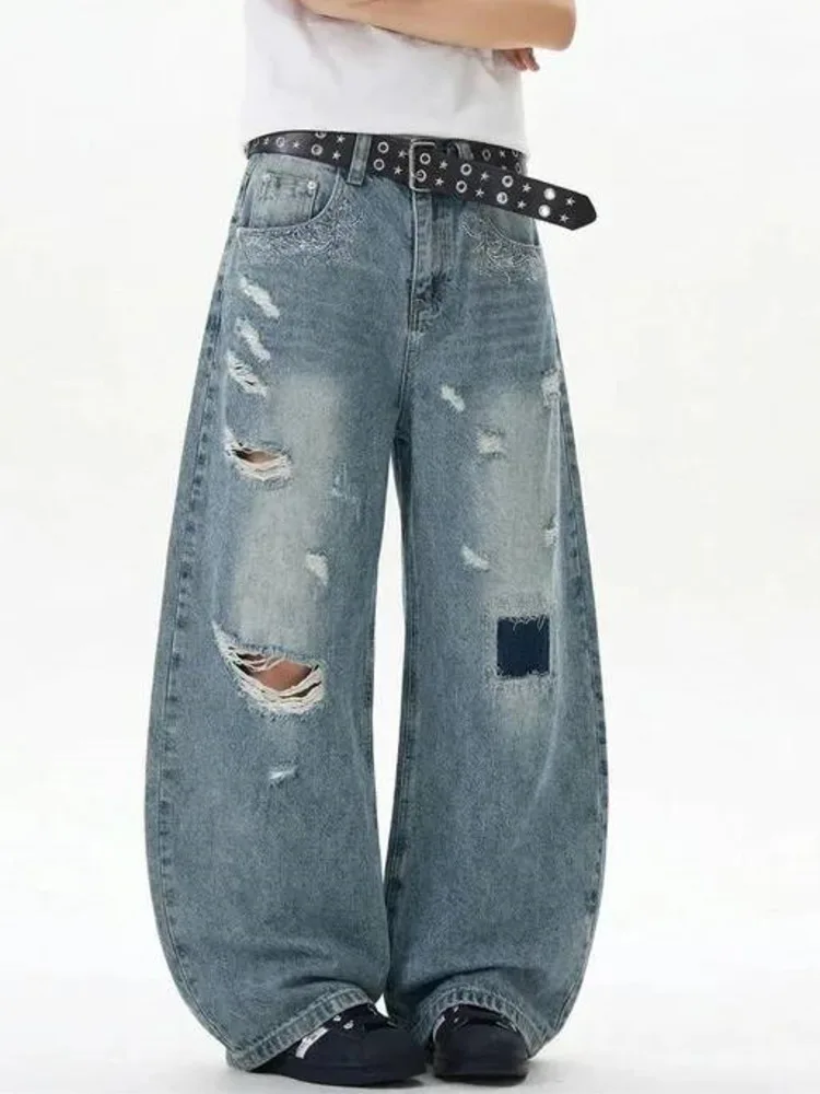 Ripped Vintage Men's Patchwork Jeans Distressed Wide Leg Baggy Fit Grommet Belt Streetwear Premium Denim Pants VEDI
