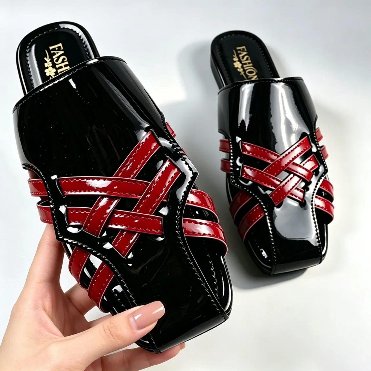 Women's Summer Colorblock Square Toe Flat Outside Wear Hollow Breathable Lazy Woven Wrapped Slippers