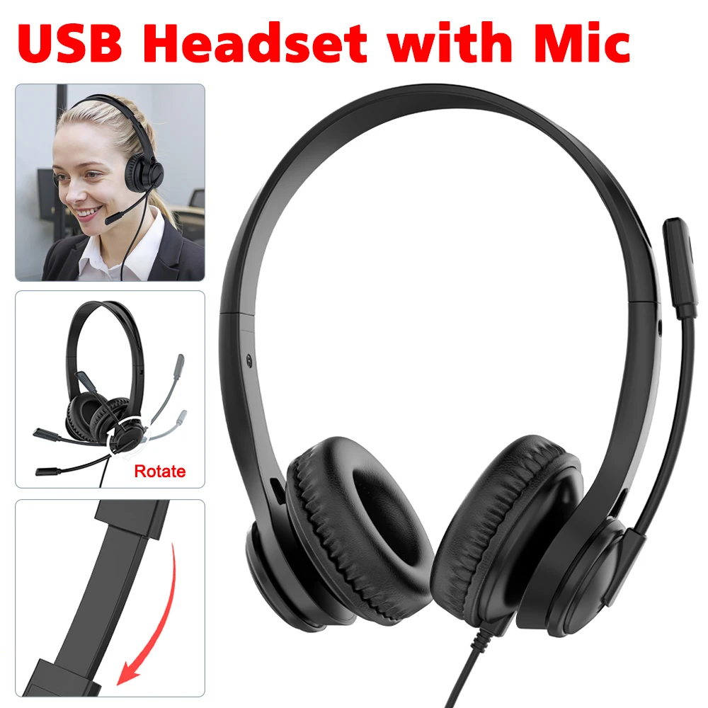 Auriculares USB/Tipo C/3,5 mm con micrófono para PC Auriculares de negocios con micrófono giratorio Cancelación de ruido para centro de llamadas