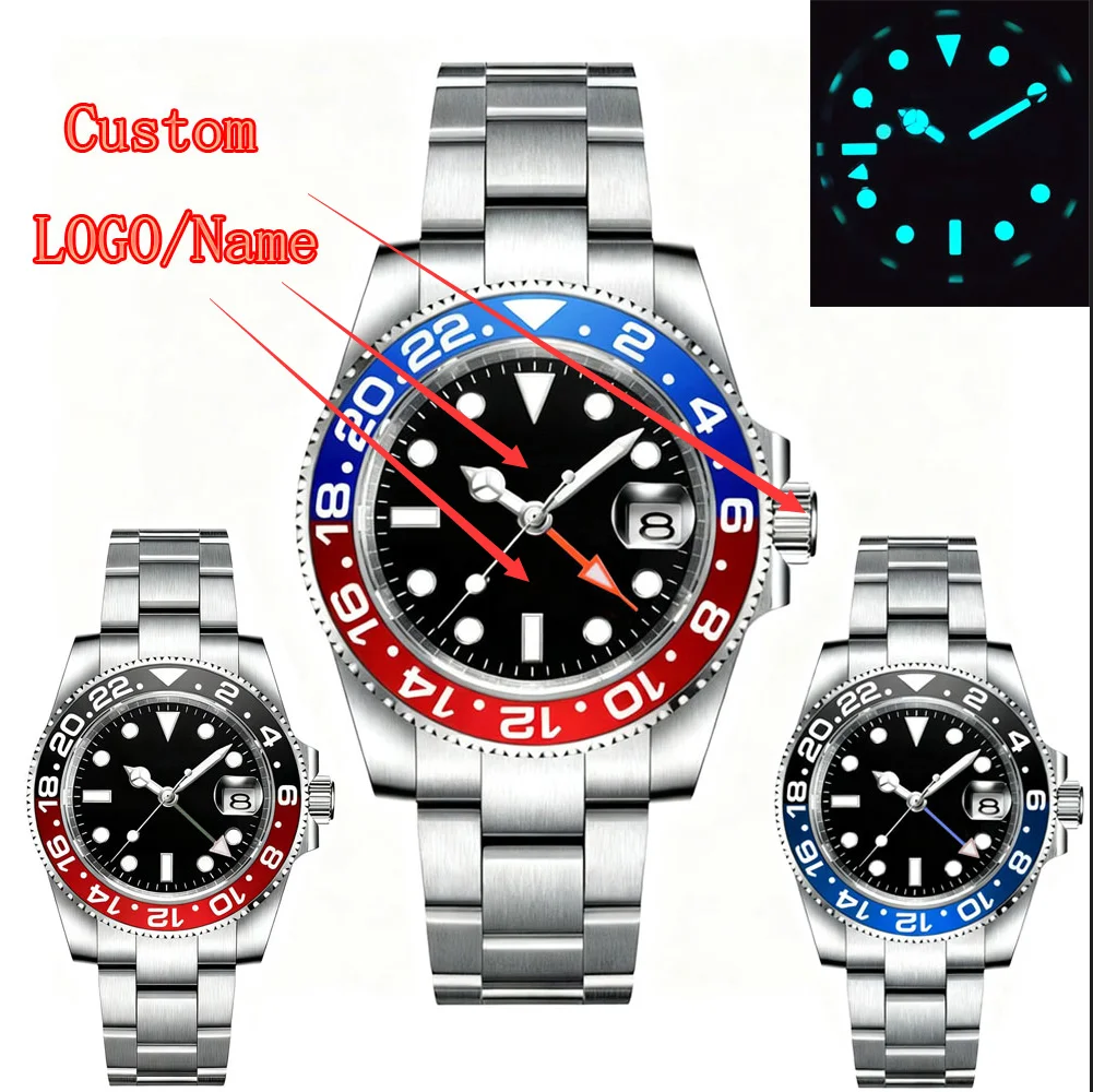 شعار مخصص 40 مللي متر كوارتز GMT رجل الساعات الياقوت الزجاج 10Bar مقاوم للماء مضيئة الغوص ساعة معصم رجالي سوار الصلب
