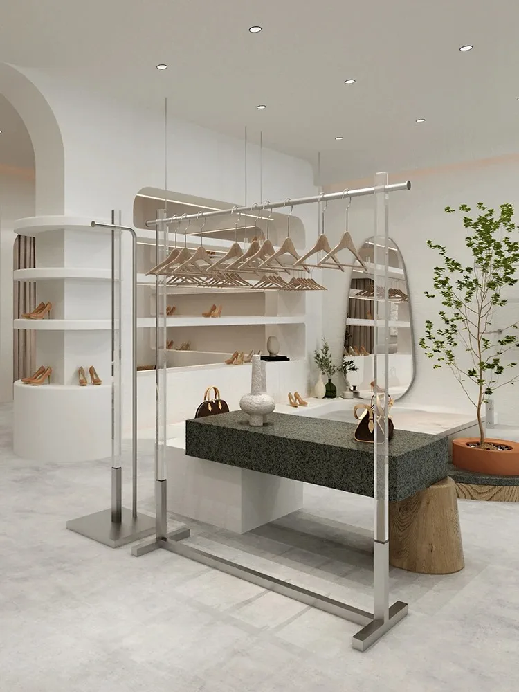 Clothing Store Display Rack Wall Stainless Steel Shelf Acrylic Floor Rack Display Hanging Hanger Silver