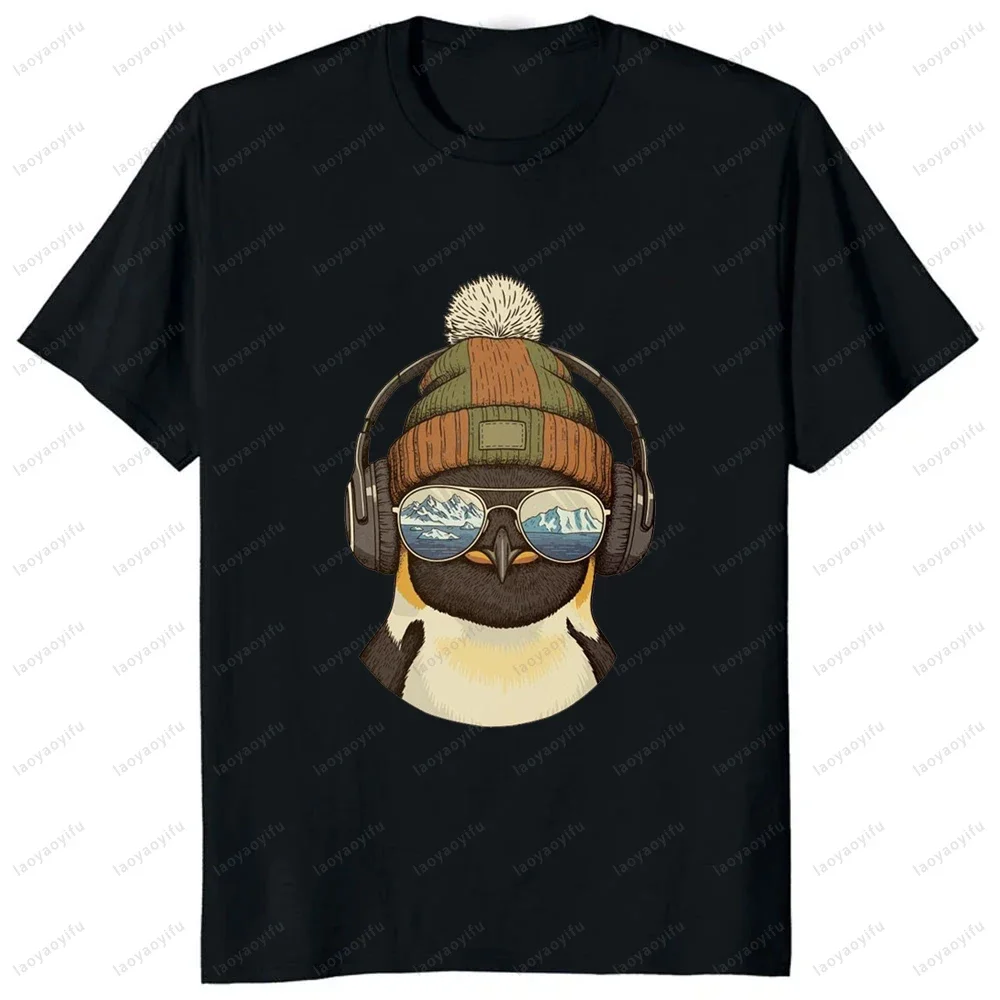 Funny Penguin Headset Sunglasses Knit Cap Graphic Vintage Style T-Shirt Casual Fashion Loose Harajuku Hip Hop Women Man Tees
