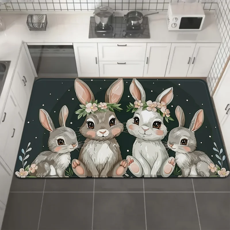 VIKAMA Easter Doormat Spring Rabbit Garland Floral Printed Carpet Suitable For Outdoor Entrances, Living Room Home Decoration