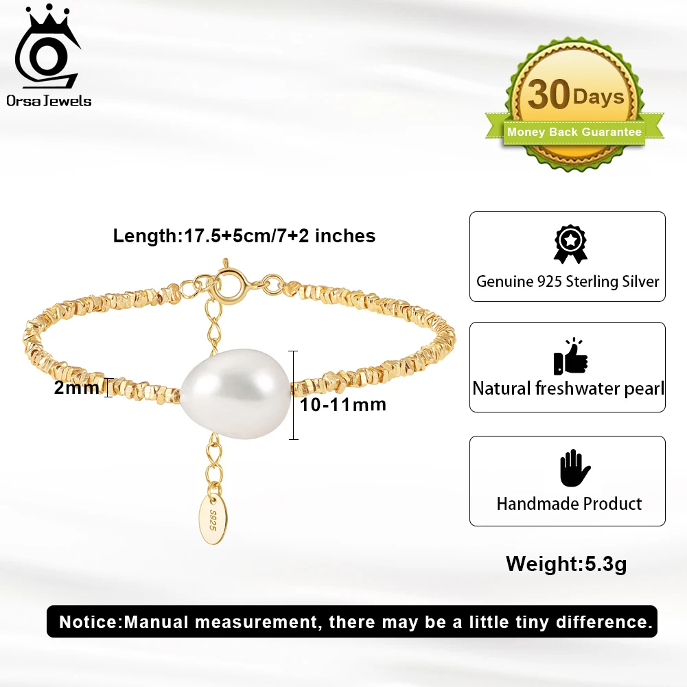 ORSA JEWELS 925 Sterling Silver Fashion Nugget Chain Bracelet with Baroque Pearl for Women 14K Gold Pearl Bracelet Jewelry GPB19