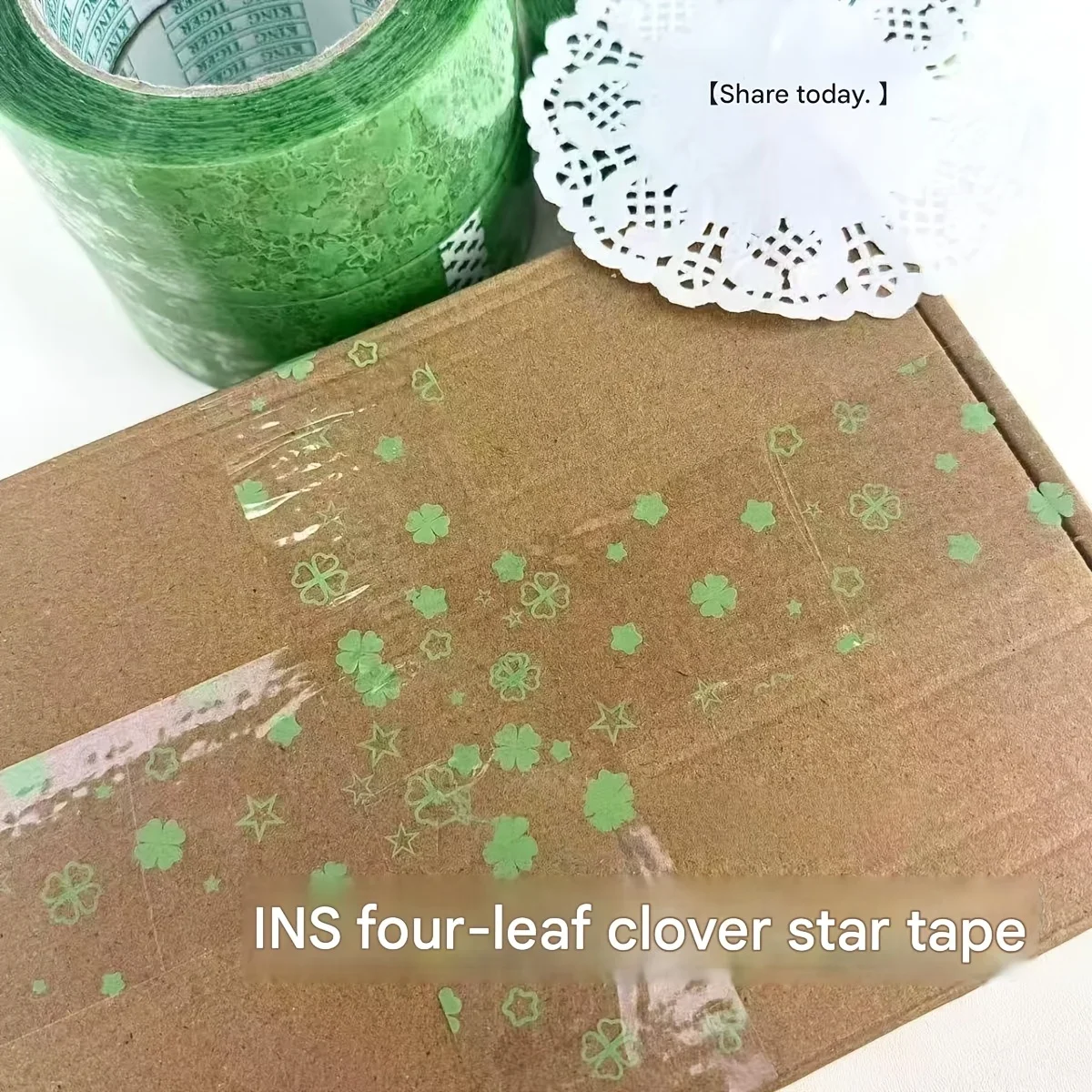 Large Roll Packing Tape with Minimalist Clover And Star Pattern, Perfect for Card Selling And Creative Packaging at Great Value