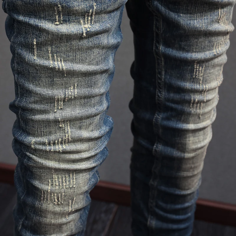 Fashion Designer Men Jeans High Quality Retro Washed Blue Elastic Slim Fit Ripped Jeans Men Vintage Casual Denim Pants Hombre