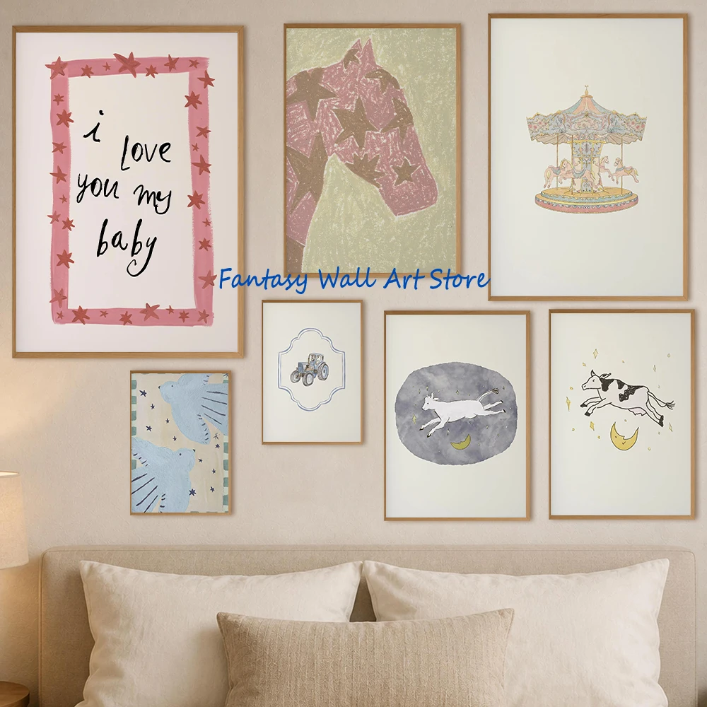 Watercolor Nursery Art Vintage Carousel Hot Air Balloon Whimsical Kids Room Art Decor Canvas Printing Poster Pastel Wall Decor