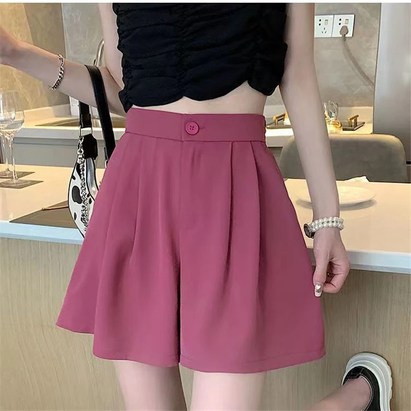 2023 Women Summer Harajuku Pleated Streetwear Elegant High Waist Suit Shorts Korean Solid Wide Leg Short Pants Pantalones Cortos