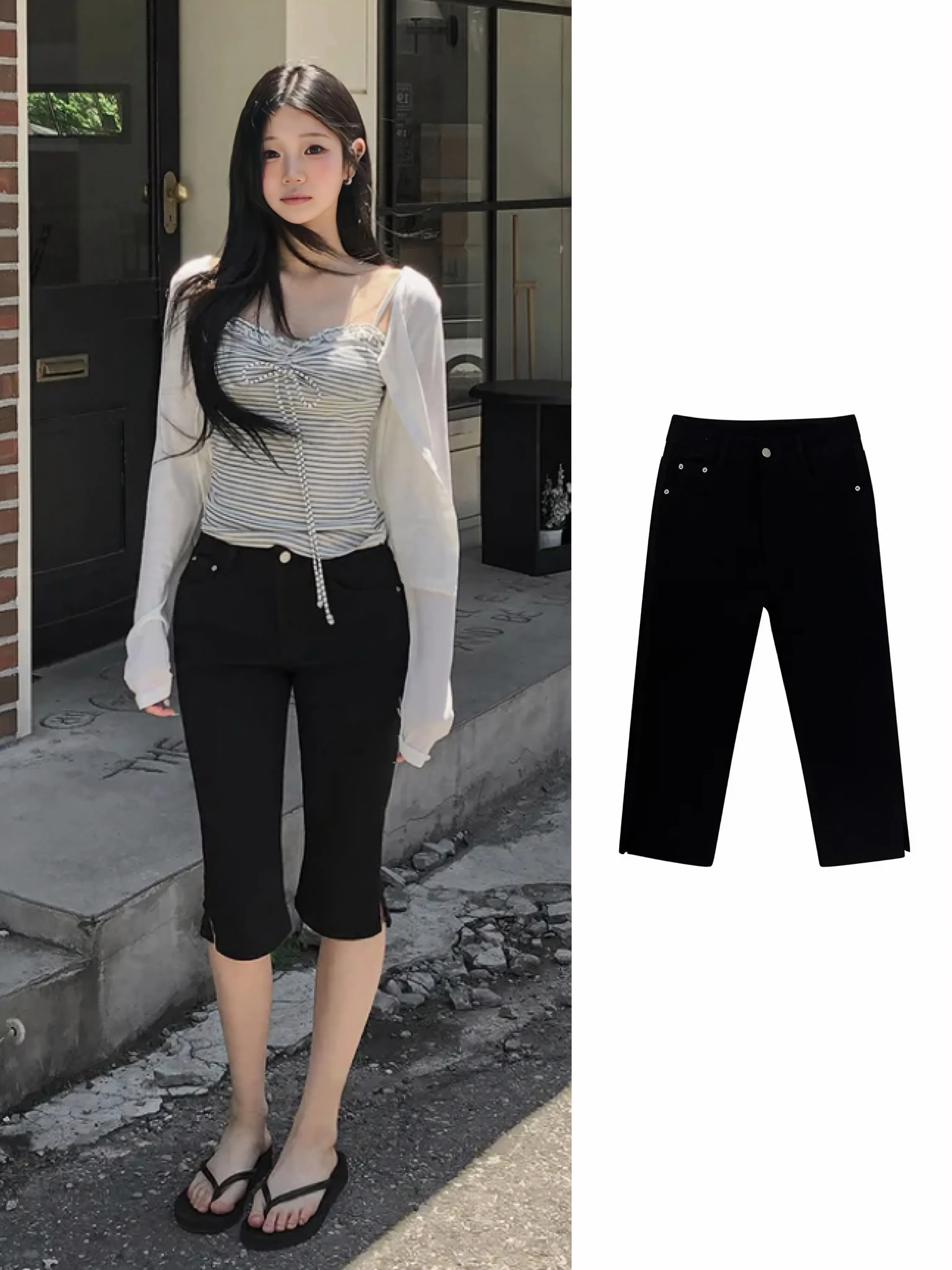 Capri Pants High Waist Cotton Stretch Denim Side Slit Pockets Casual Women's Elastic Mid-Rise Jeans Black Seven-Foot Length