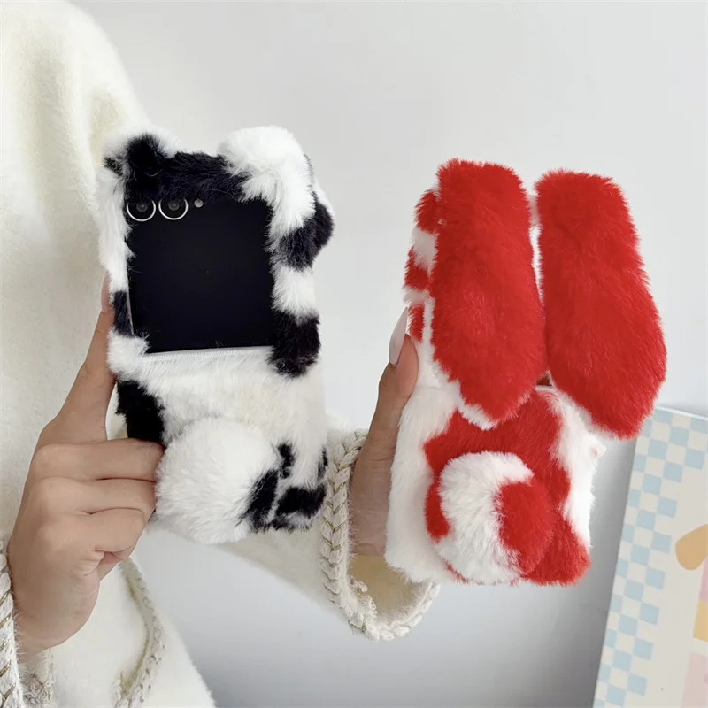 Autumn Winter Plush Rabbit Warm Hands Phone Case for Samsung Galaxy Z Flip 3 4 5 6 7 8 Fashion Cute Cow Furry Shockproof Cover﻿
